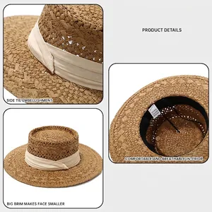Chapeau de paille français à bord large avec ruban beige pour protection solaire
