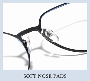 Detailed macro view of soft transparent nose pads on a black metal glasses frame