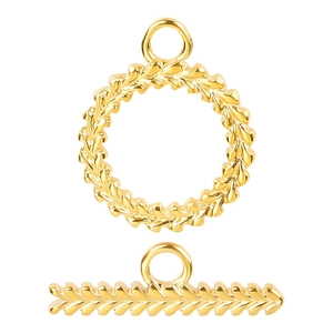 Polished 18k gold plated stainless steel OT toggle clasp with textured wheat pattern