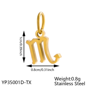 Macro shot of gold stainless steel M-letter pendant with precise dimension markings