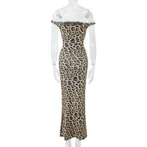 Detailed view of the leopard print pattern and off-shoulder hem on this bodycon dress