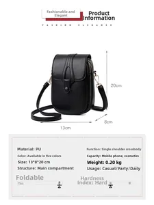 Detailed size chart of black PU leather crossbody bag with 13x8x20cm dimensions and weight