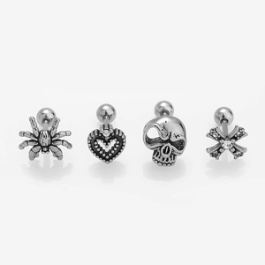 Set of 4 silver stainless steel stud earrings featuring spider, heart, and skull designs