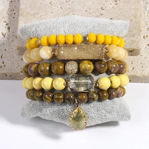 Detail of 5PCS bohemian stacked bracelet set with natural stones and crystal cluster