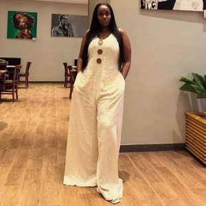 Women's beige sleeveless wide leg jumpsuit with V-neck and decorative brown buttons