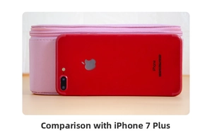 Rosa Make-up-Tasche aus Oxford-Stoff im Größenvergleich mit einem iPhone