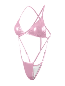Detail of pink metallic one-piece swimsuit with cross-straps and high-cut leg