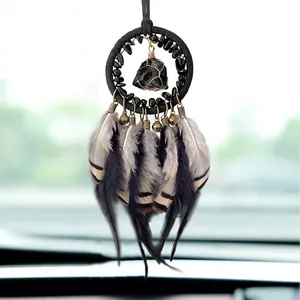 Handmade Dreamcatcher Car Hanging Ornament With Natural Raw Stone Obsidian Tiger's Eye Feather Copper Bell Retro Bohemian Interior Decor