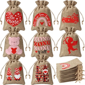 Valentine Day Burlap Cord Bags Heart Bear Print Linen Jute Gift Bags Party Favor Candy Wrapping For Wedding Romantic