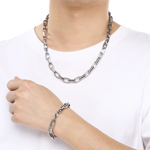 Modern silver stainless steel geometric paperclip link necklace and bracelet set for women