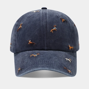Washed navy cotton baseball cap featuring colorful dachshund embroidery and curved brim