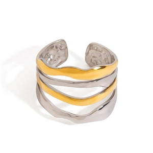 Two-tone wavy open statement ring in gold and silver finish with textured layers