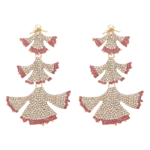 Elegant gold fan-shaped tiered drop earrings with white and pink crystal pavé