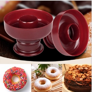 Red plastic donut mold set for DIY cake and bread making shown with finished pastry results