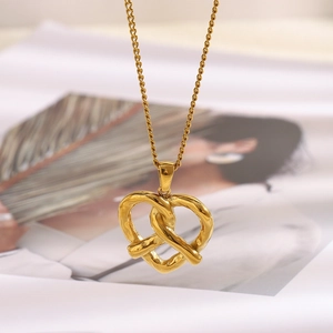 18K gold plated stainless steel knot heart pendant on a twisted rope chain necklace