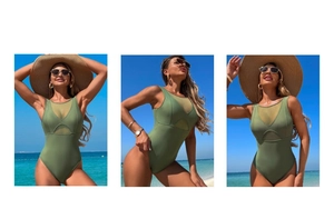 Detailed view of olive green one-piece swimsuit featuring mesh patchwork and high-cut leg