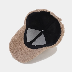 Thickened lamb wool baseball cap in khaki, interior view showing warm lining
