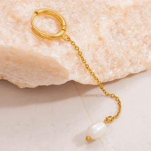18k gold stainless steel earring with long chain and natural freshwater pearl pendant