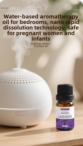 White spherical aroma diffuser with 10ml lavender essential oil in warm home setting
