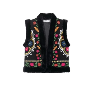 Damen Weste Mit Blumenstickerei Und Kunstpelzbesatz Ärmellos Slim Fit Retro Ethno-Stil