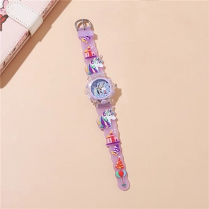 Detail of 3D cartoon unicorn and castle patterns on purple silicone kids watch strap