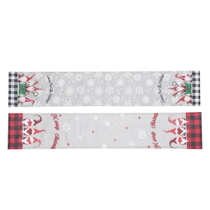 Linen Christmas table runner featuring festive Gnomes and Merry Christmas snowflake patterns