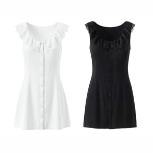 Fashion sleeveless button-up dresses with lace ruffled necklines in black and white