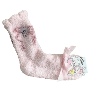 Pink coral fleece sleeping socks with cat embroidery and a decorative satin bow