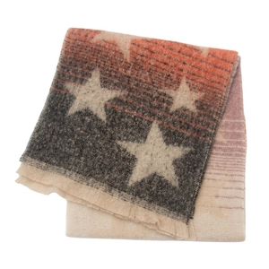 Detail of red and grey gradient star pattern scarf with fringed edges and soft texture