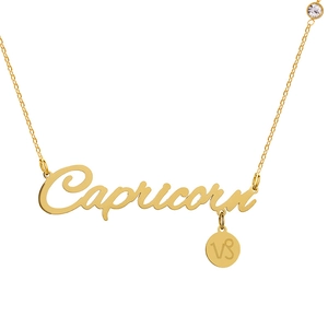 Close-up of golden Capricorn zodiac necklace with stainless steel letter and mini round tag