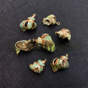 Macro shot of natural green striped sea shell pendants with gold plated edges and loops