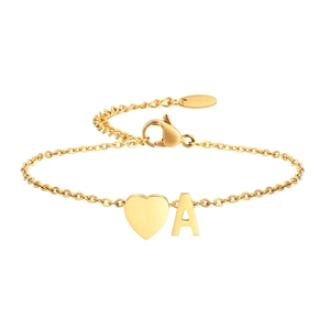 Custom 18K gold plated heart bracelet with letter A pendant and lobster clasp