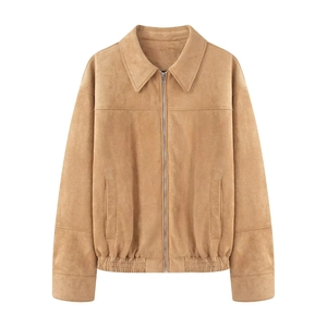 Classic camel faux suede bomber jacket with silver zipper and refined lapel collar