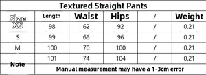 Size chart for textured wide leg trousers showing measurements for XS, S, M, and L sizes
