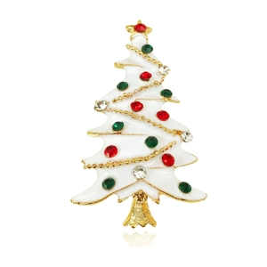 Christmas tree brooch with white enamel, gold trim and colorful rhinestones on white background