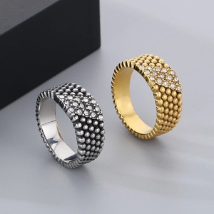 Men's stainless steel rings in gold and silver with bead relief and zircon inlay