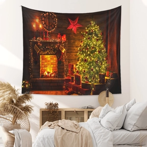 Detail of Bohemian Christmas tapestry featuring a warm fireplace and decorated tree