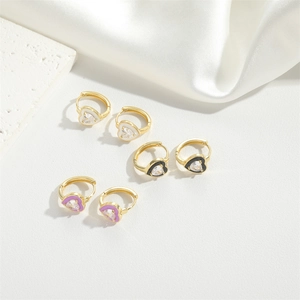 Three pairs of heart-shaped hoop earrings in white black and lilac with gold plating