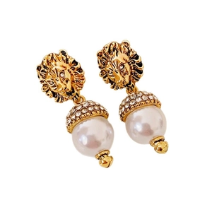 Elegant gold lion head pearl drop earrings with sparkling rhinestones in French palace style