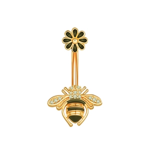 Golden belly button ring featuring a zircon-studded bee and daisy floral design