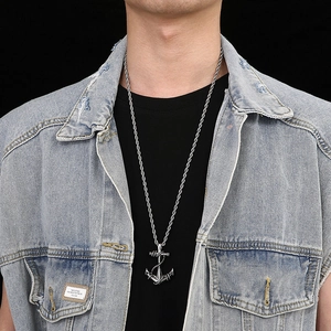 Men's punk style stainless steel anchor pendant necklace with twist chain on model