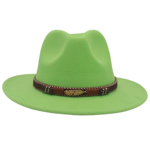 Detail of lime green fedora hat featuring brown braided band and golden feather buckle