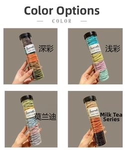 Detail of multi-color seamless hair ties in transparent tubes with ribbed texture design