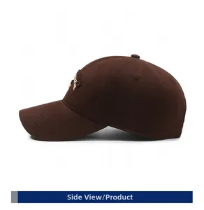 Side view of dark brown cotton baseball cap with 3D embroidery and breathable eyelets
