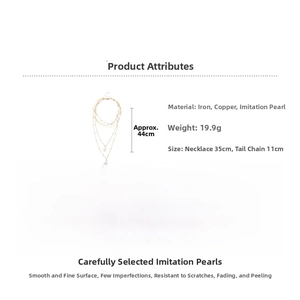 Detail specifications of multi-layer faux pearl necklace showing weight and total chain length