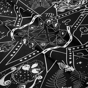 Close-up detail of gothic astrology tapestry showing fine polyester fabric texture and prints