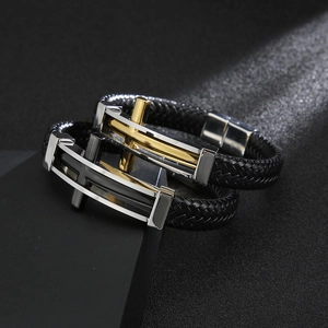 Pulseras de cuero trenzado para hombre con cruz de acero inoxidable en oro y plata