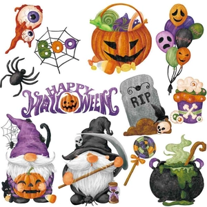 Close-up of watercolor Halloween gnome and pumpkin magnetic stickers with Boo text