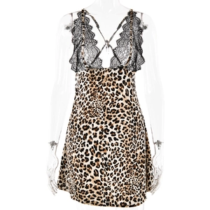 Sexy backless leopard print satin slip dress with black lace trim for summer fashion