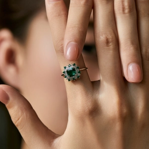 Vintage s925 silver ring featuring emerald gemstone with halo diamond petals